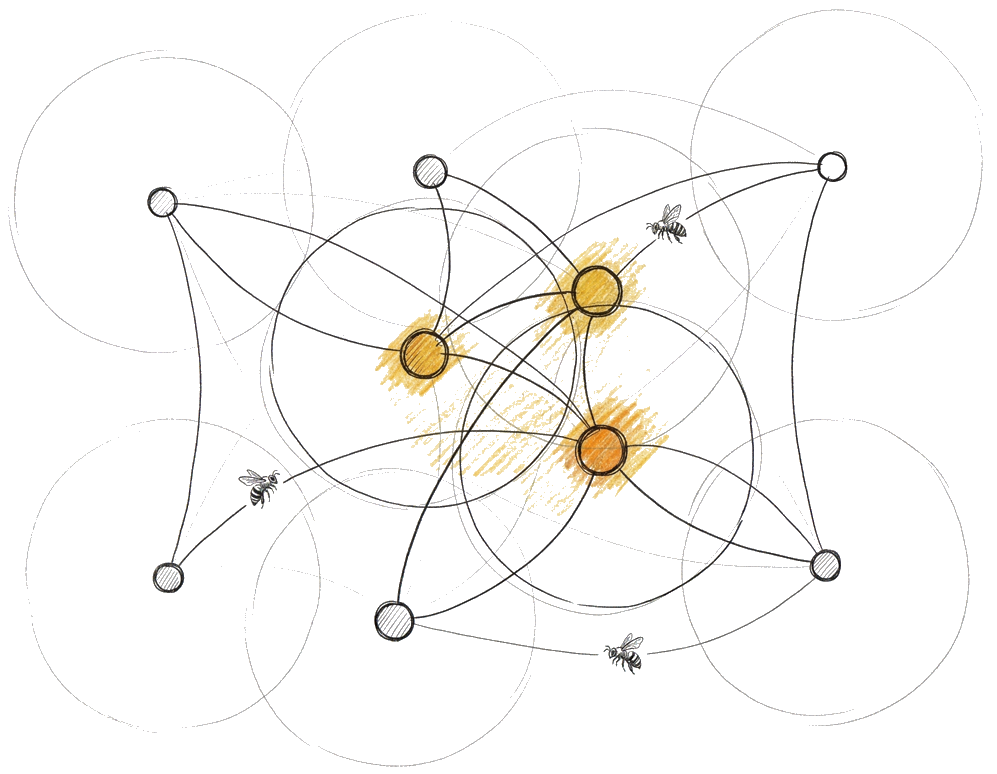 Symbolic illustration of a pollination network with interconnected nodes and foraging radii
